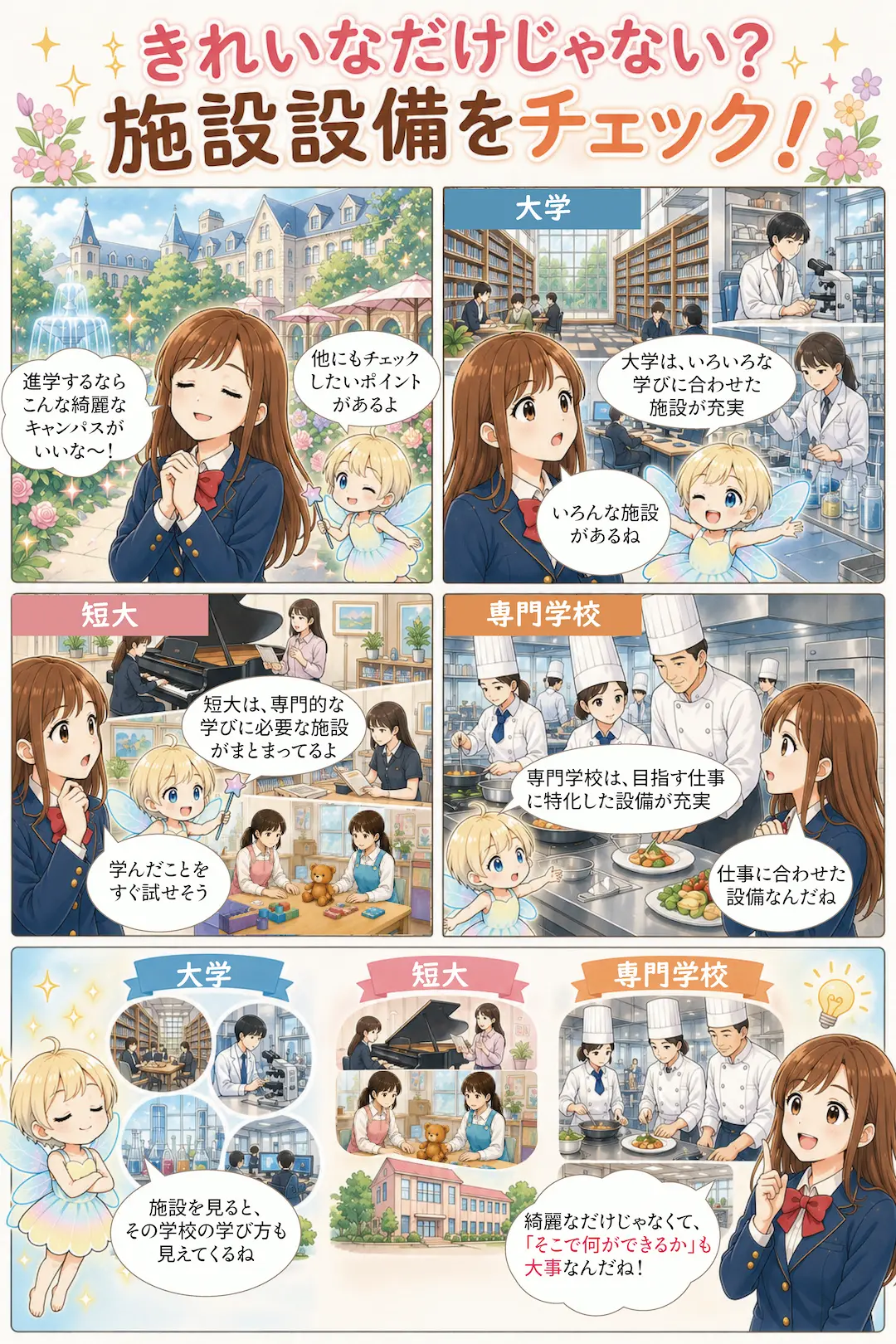 大学・短大・専門学校の施設・設備の違いを紹介するマンガ